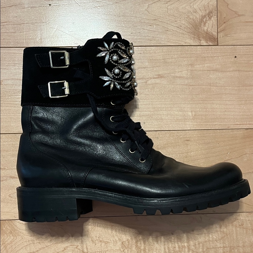 Rare Rene Caovilla Black Crystal Embellished Suede Combat Boots Size 38.5 - Picture 5 of 16